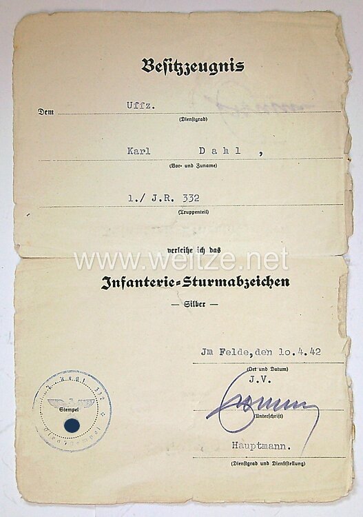 Interessante Urkundengruppe eines Unteroffiziers, später Oberfeldwebel - Inf. Div. 282 Bild 2