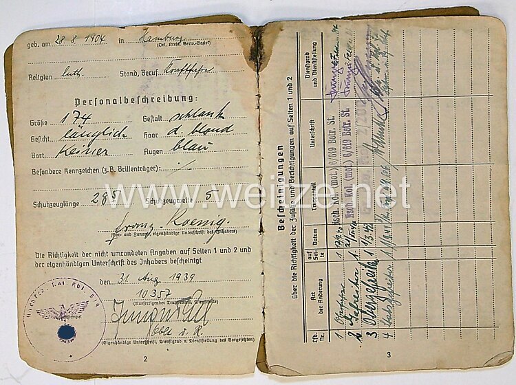 Soldbuch für einen Stabsgefreiten, zuletzt bei der Kw Transport Abt.606 , mit Eintrag Ärmelband " Afrika "  Bild 2