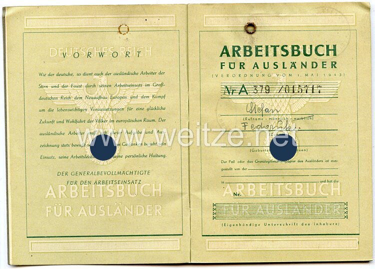 III. Reich - Arbeitsbuch für Ausländer ( Ukrainer ) Bild 2